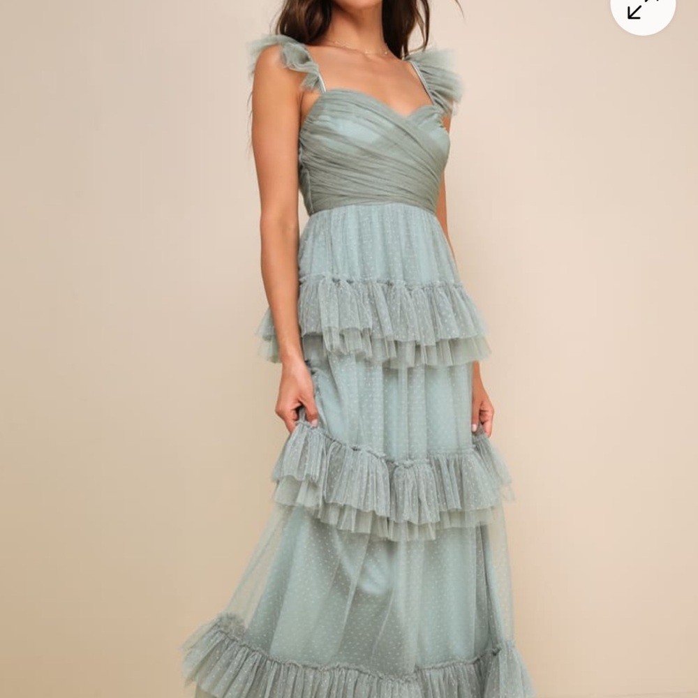 Elegant Sage Tiered Swiss Dot Gown